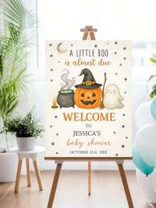 客製化姓名萬聖節嬰兒派對歡迎牌（僅帆布）－個性化「A Little Boo」歡迎海報，南瓜幽靈兒童生日派對無框 - 彩色 - 查看 5