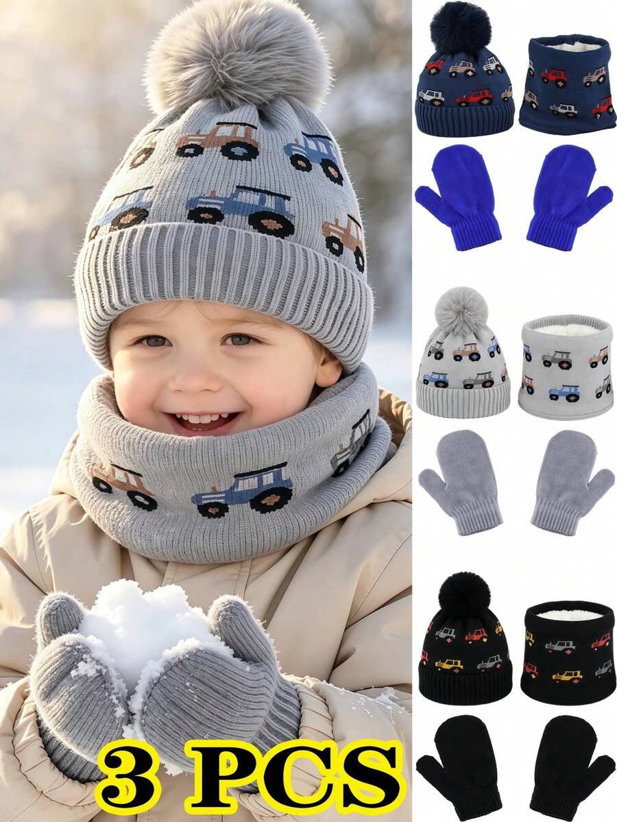 4PCS Set Topi Rajut, Syal, dan Sarung Tangan Anak Usia 2-8 Tahun dengan Motif Mobil, Pelindung Telinga, Topi Musim Dingin Hangat untuk Cuaca Dingin - 4 buah - View 1