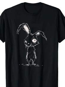 Grunge‑Style Gothic Rabbit‑Printed Tee Combining Cute And Creepy Horror Aesthetic For Daily‑Outfits.Fast Delivery - 黑色 - 查看 1
