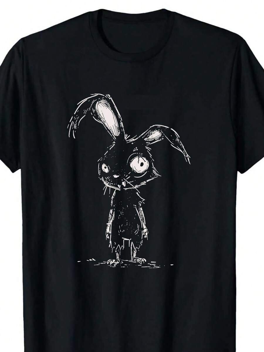 Grunge‑Style Gothic Rabbit‑Printed Tee Combining Cute And Creepy Horror Aesthetic For Daily‑Outfits.Fast Delivery - 黑色 - 查看 1
