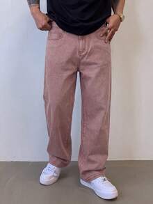 1件男士寬鬆版型無彈力寬腿牛仔褲，休閒風格，日常穿著，簡約百搭，適合四季 - 紫色 - 查看 3