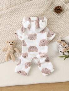 PETSIN Early Autumn Plush Pet Four-Legged Jumpsuit, Flannel Full Print Brown Bear 3D Ears Hooded Warm Outfit For Small Dogs And Cats - White - View 5