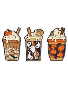 3pcs/Set Assorted Halloween & Coffee Pattern Brooches, Fun Metal Enamel Pins, Creative Decorative Lapel Pins For Backpacks, Halloween Gifts - Multicolor - View 6