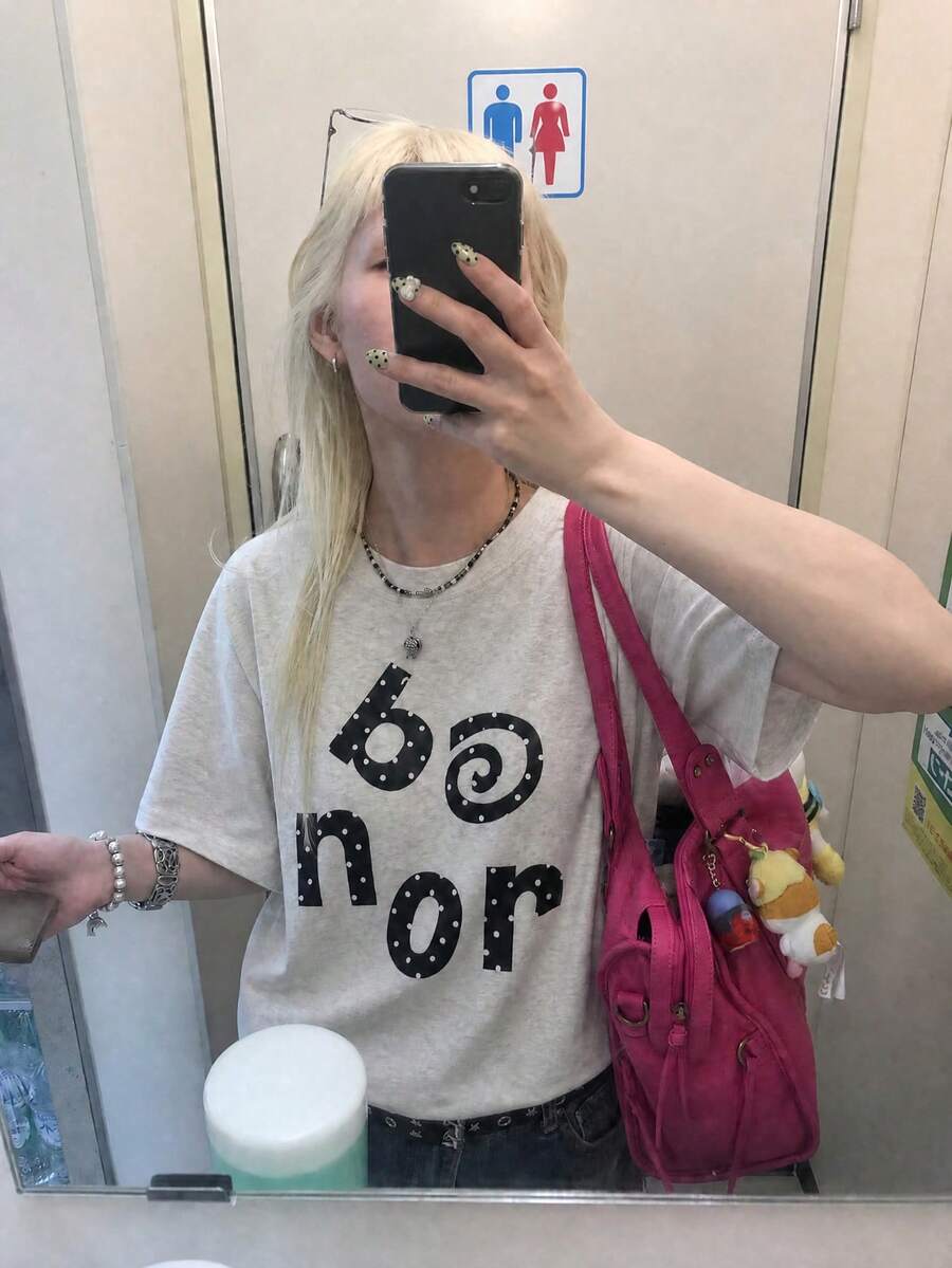 Korean Style Minimalist Bonor Polka Dot Letter Print Short Sleeve T-Shirt Women White Loose Round Neck Ins Top Japanese Salt Style Summer Slimming Versatile Casual Basic Top - Light Gray - View 1