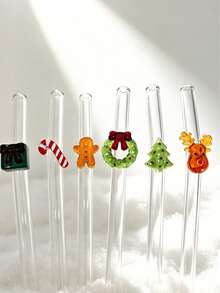 4/6Pcs Shatter Resistant Thick Borosilicate Reusable Glass Straws Set With Assorted Christmas Cartoon Charm,Cartoon Straight Clear Party Glass Drinking Straw, Straw Topper For Kitchen Accessories,Cold Drinks,Milk Tea,Coffee,Juice,Bar,Home,Restaurants - View 8