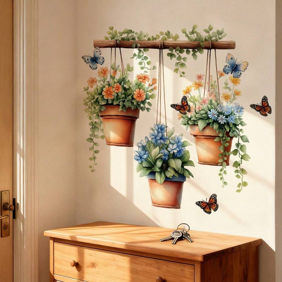 1PC Fresh Plant Natural Wall Decal, Colorful Potted Plant With Hanging Vines And Flying Insect Graphics, Peel And Stick Removable Mural Suitable For Entryway, Hallway And Window, Farmhouse Style - Multicolor - View 1