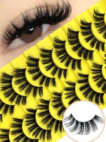 10 Pairs New Natural False Eyelashes, Manga Style, Faux Mink Fur, Cat Eye False Eyelashes, Natural Voluminous Effect, Essential Makeup Tool For Travel, Date, Party, Vacation, Suitable For Beginners, Easy To Use. - Yellow - View 1