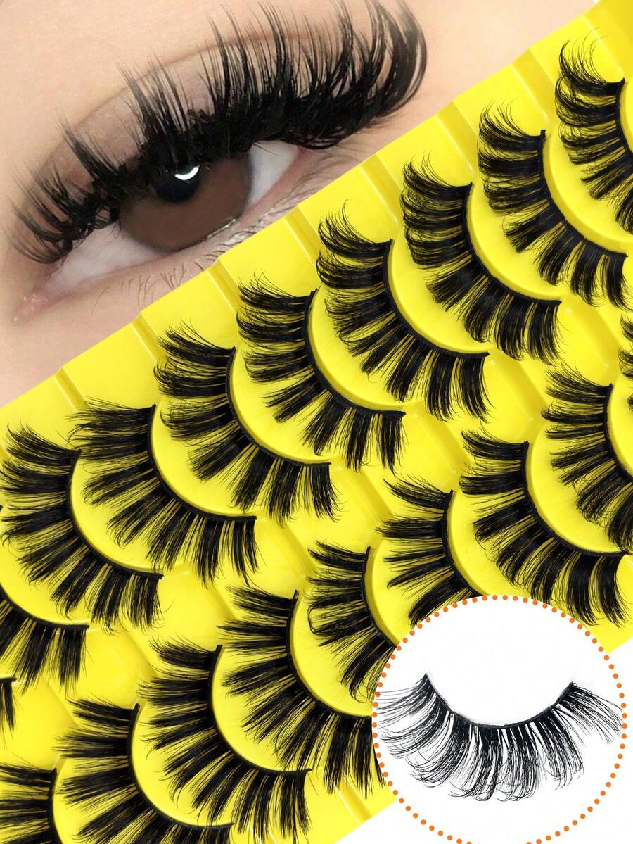 10 Pairs New Natural False Eyelashes, Manga Style, Faux Mink Fur, Cat Eye False Eyelashes, Natural Voluminous Effect, Essential Makeup Tool For Travel, Date, Party, Vacation, Suitable For Beginners, Easy To Use. - Yellow - View 1
