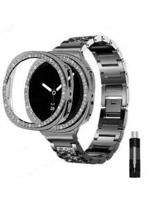 Galaxy Watch 9/8 手錶錶帶 + 錶殼，1件女款珠寶亮鑽金屬正裝錶帶 + 1件亮面錶殼（不含螢幕保護貼），適用 Galaxy Watch 9/8 Classic 46mm，可調節替換錶帶配件，運動錶帶，中性款，兼容 Galaxy Watch 9/8 40mm 44mm - 黑色+殼黑 - 查看 1