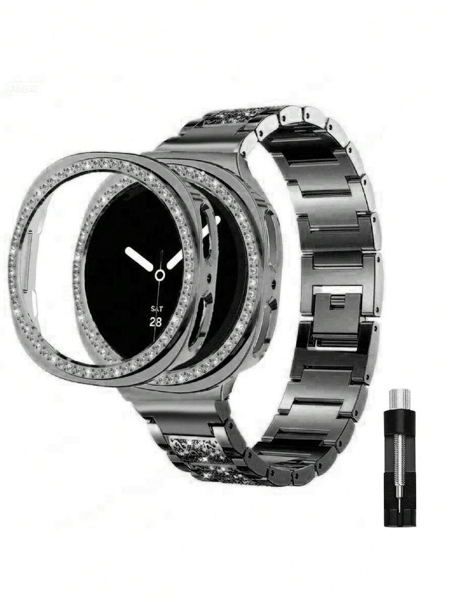 Galaxy Watch 9/8 手錶錶帶 + 錶殼,1件女款珠寶亮鑽金屬正裝錶帶 + 1件亮面錶殼(不含螢幕保護貼),適用 Galaxy Watch 9/8 Classic 46mm,可調節替換錶帶配件,運動錶帶,中性款,兼容 Galaxy Watch 9/8 40mm 44mm - 黑色+殼黑 - 查看 1