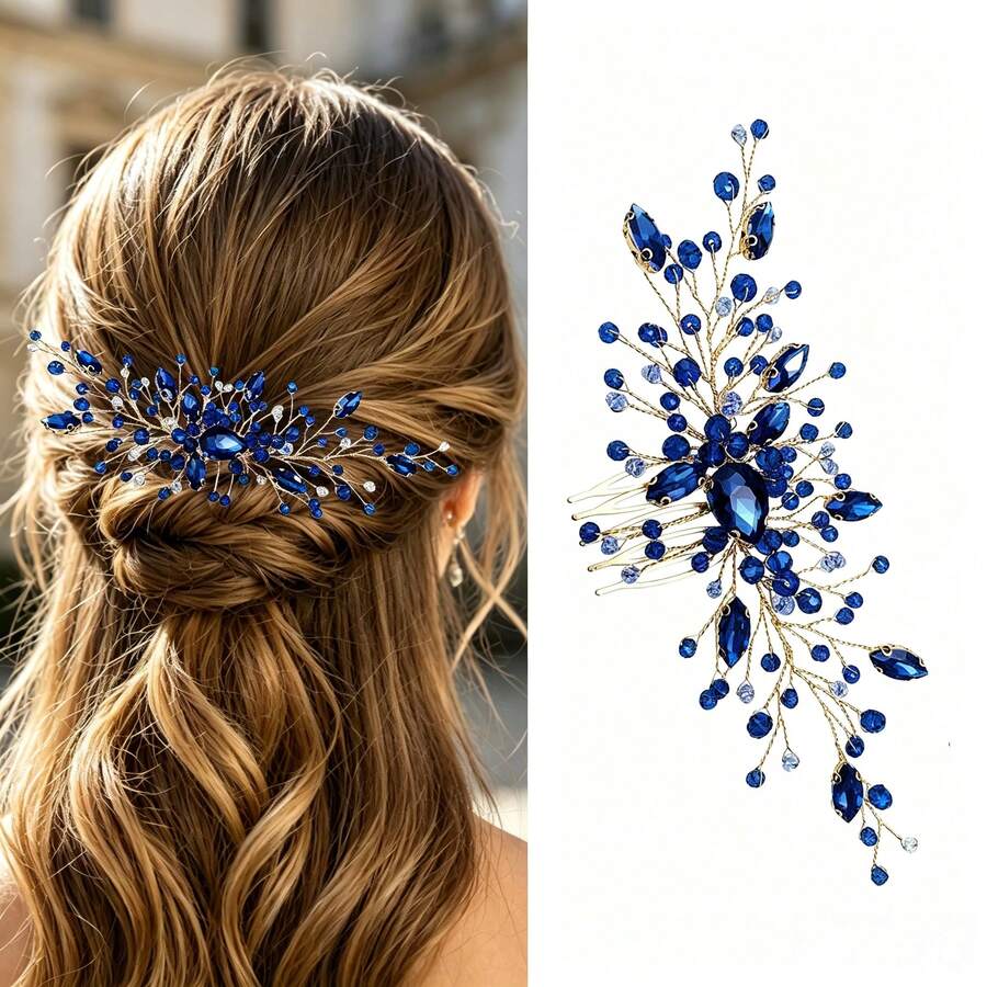 Accesorio para peinado de novia azul, peine de boda vintage hecho a mano con strass - Azul - Ver 1