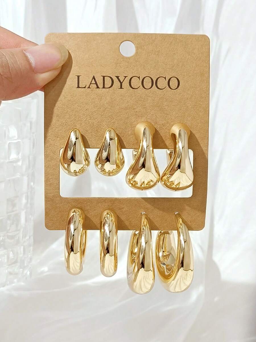 LADYCOCO 1組4對時尚優雅誇張金色拋光球形耳環,適合女性日常配戴 - 金色 - 查看 1