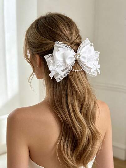 1pc Women's Heart-Shaped Rhinestone Pearl Lace Bow Hair Clip, Suitable For Lolita Outfit Outdoor Photoshoot, Back Of Head Girl Hair Accessory, Smooth Satin Material, Back To School Gift