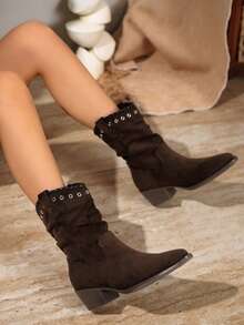 Lock-Hole Woven Edge Chunky Heel Western Boots Solid Color Patchwork Slouchy Boots Fashion Versatile Ankle Boots Slouchy Pointed Toe Suede Boots Suitable For Music Festival Halloween - Brown - View 2