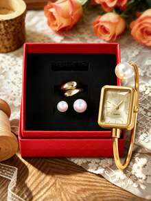 LUCKYFOX Women's Watch Gift Set Quartz Wristwatch Jewelry Combination Red Gift Box Girls Luxury Jewelry Gift Box Daily Commute Wear Various Holiday Gifts - Gold - View 12