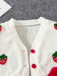 Young Girls School Outfit Autumn New Sweet Strawberry Knit Cardigan Red Spaghetti Strap Dress 2 Pieces Set Cute Gentle Girls Spring/Autumn Outfit - Red and White - View 7