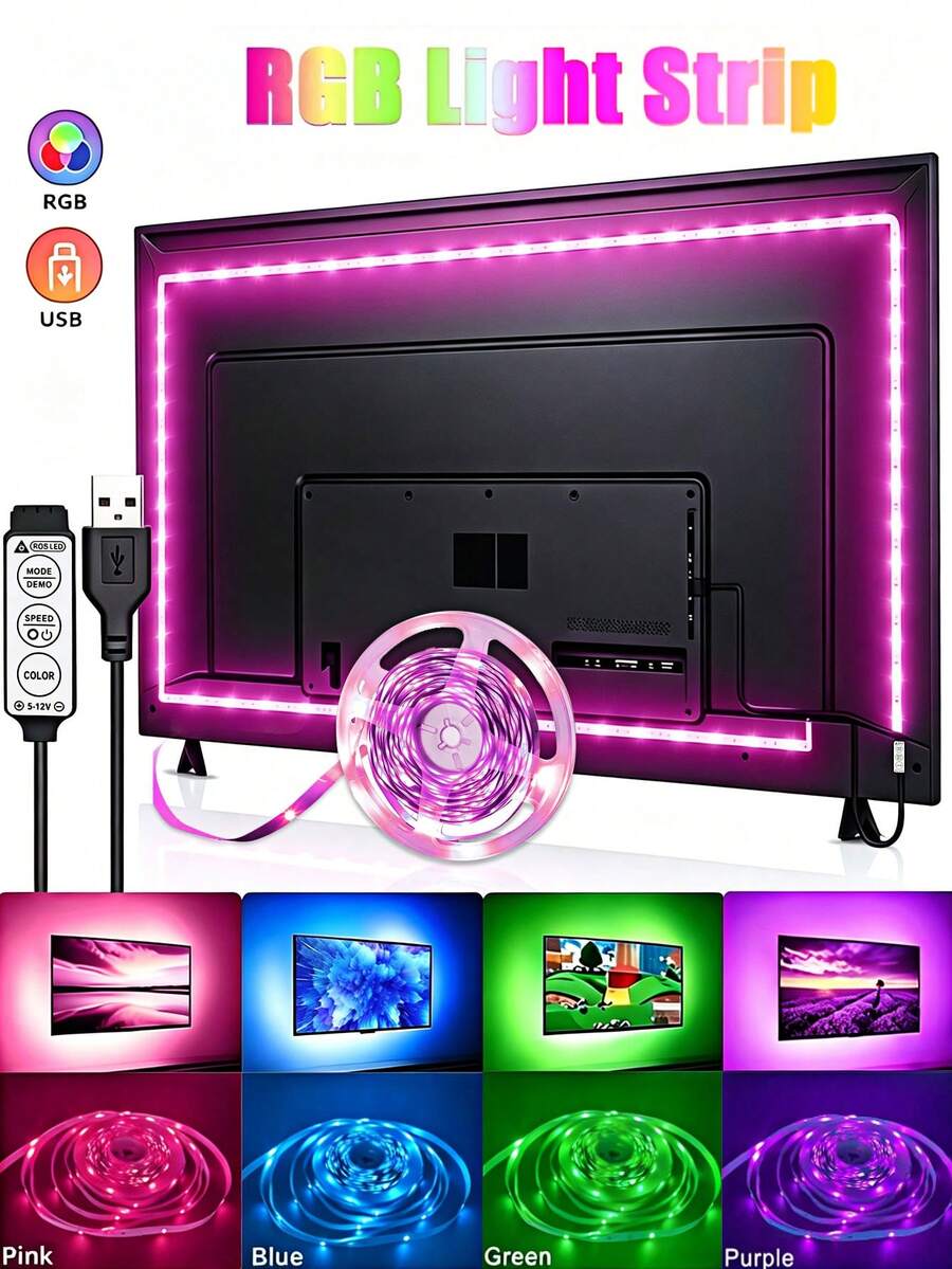 1 捲 50FT LED RGB 燈條，柔性 LED 燈條，RGB 多彩可調光，3 按鈕數據線控制，多種照明模式，亮度可調，USB 供電，自黏背膠，彩色電視背景裝飾燈，適用於房間和臥室裝飾，節日派對