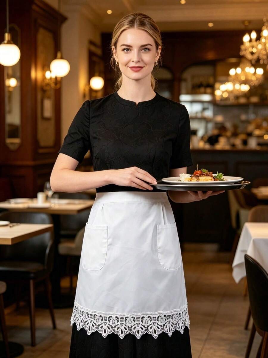 1pc White Lace Trim Half Apron, Double Pocket Design, Waitress Work Apron For Restaurant, Milk Tea Shop, Hotel Cleaning Staff - White - View 1