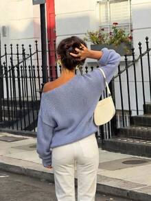 Sweater Pullover Rajut Bahu Terbuka Wanita, Atasan Rajut Bergaris Asimetris Lengan Panjang, Elastisitas Sedang, Panjang Reguler, Cocok untuk Musim Semi dan Gugur - Mauve Purple - View 8