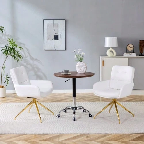 [Set Of 2] European Swivel Chair In A Subtle Luxury Design: White PU Coating + Gold-Colored Metal Legs, 360° Silent Swivel, Set Of 2 For Dining Rooms / Relaxation Areas. - White+Gold - View 1