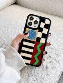 Apple Vintage Autumn/Winter Ins Style Plush Embroidered Geometric Pattern Phone Case Compatible With Iphone 14 Pro Max, IPhone 13, 12 Pro, X, XS, XR, 11, 16 Pro Max, 15 Waterproof Shockproof Anti-Fall Scratch Resistant - Black and White - View 4