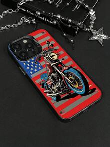 1 pieza Funda de teléfono con estampado de motocicleta vintage americana Harley IMD, marco de lente de metal plateado mate en relieve, cobertura completa, carcasa dura resistente a caídas, sin cordón, compatible con todos los modelos Apple, estilo motocicleta, funda protectora de nicho genial para hombres - Plateado - Ver 3