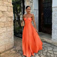 Summer New European And American Pure Color Strapless Pleated Sleeveless Dress - 橘色 - 查看 1