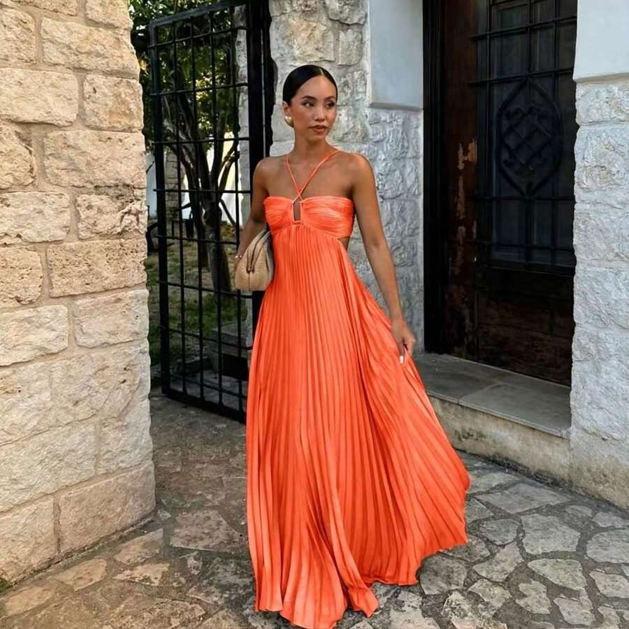 Summer New European And American Pure Color Strapless Pleated Sleeveless Dress - 橘色 - 查看 1