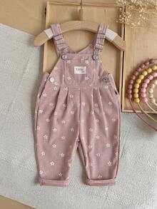 Baby Girl Pink Ditsy Floral Overalls, Adjustable Shoulder Straps, Vintage Versatile - Pink - View 4