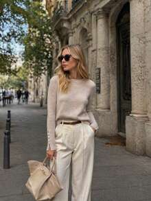 Khaki Round Neck Slim Fit Long Sleeve Knit Base Layer Top For Women, Pearl Button Cuff Design, Minimalist Gentle Style, Suitable For Spring/Autumn Commuting, Dating, Daily Wear - Camel - View 2