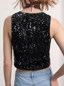 Women's Black Sequin Top: Sleeveless V-Neck Non-Stretch Cropped Vest, Suitable For Party Cocktail Events - Black - View 6