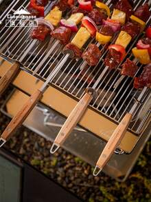 CAMPINGMOON 1 pièce Fourchette à barbecue plate en acier inoxydable avec manche en bois de hêtre, aiguille à rôtir pour brochette de viande pour le camping en plein air et la cuisine de jardin K480 - Argent - Voir 6
