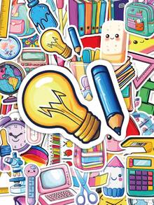 50Pcs Cute School Stationery Stickers, Back To School Study Decals, Pencil Backpack Globe Microscope Vinyl Decals Fit Vision Board, Student Journal Phone Case Laptop - Multicolor - View 1