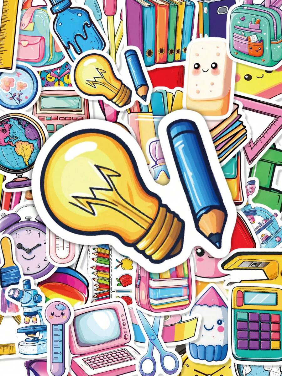 50Pcs Cute School Stationery Stickers, Back To School Study Decals, Pencil Backpack Globe Microscope Vinyl Decals Fit Vision Board, Student Journal Phone Case Laptop - Multicolor - View 1