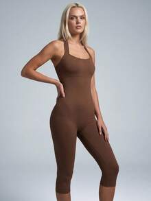 NcmRyu Women's 1pc Solid Color Seamless Halter Backless Sports Bodysuit - Mocha Brown - View 6
