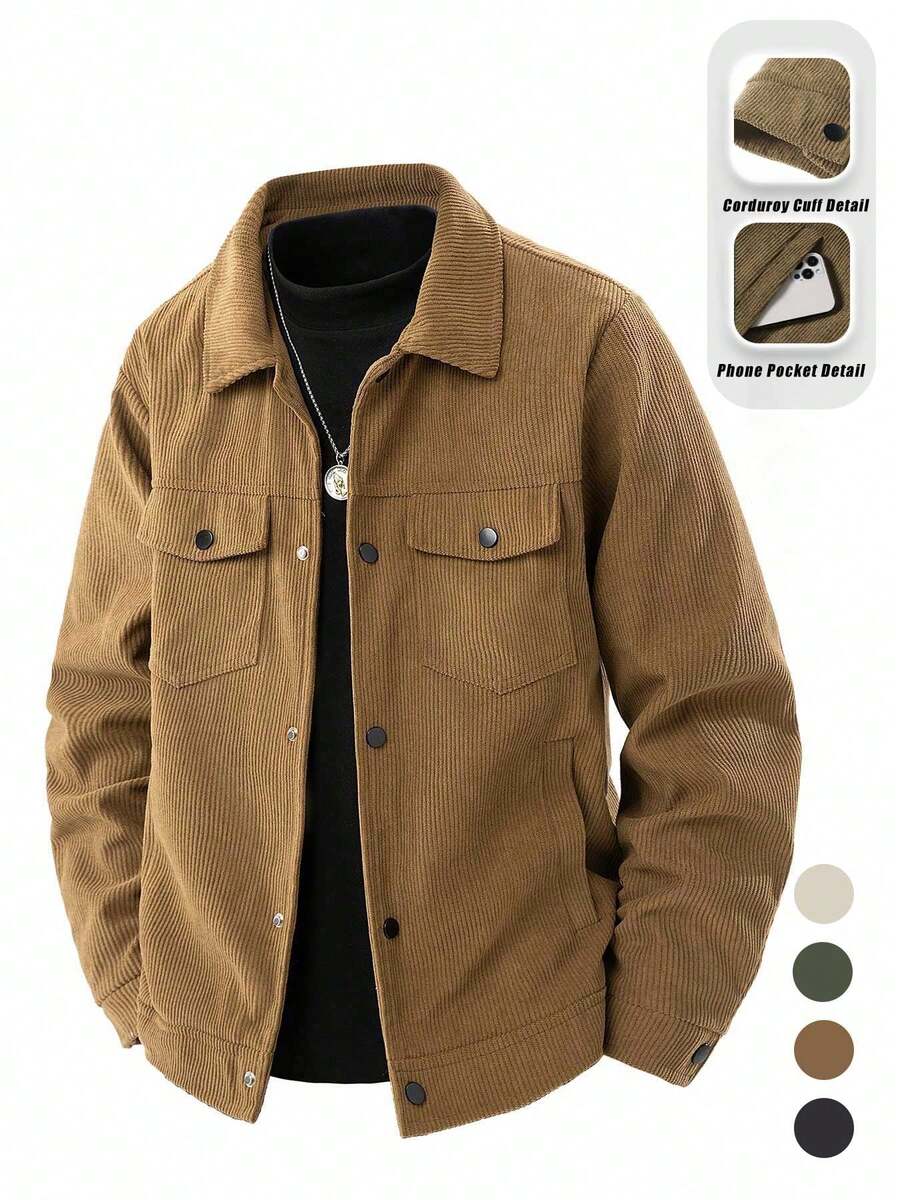 Spring & Autumn New Corduroy Jacket, Men's Fashion Casual Solid Color Lapel Coat, Middle-Aged & Young Adults Versatile Jacket, Fleece Material Winter Sports - Khaki - View 1