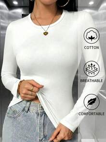 Camiseta de manga larga de algodón ajustada casual para mujer para uso diario otoño&invierno, ropa de otoño invierno para mujer, linda, para salir, top blanco - Blanco - Ver 1
