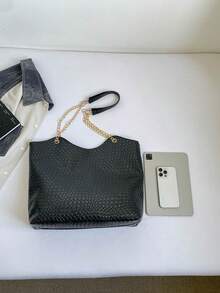 Vintage Black Woven Texture Daily Commute Versatile Large Capacity Tote Bag - Black - View 8