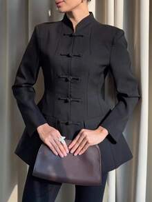 Women's Elegant New Chinese Style Stand Collar Frog Button Waist-Cinching Jacket (With Shoulder Pads) Solid Color Versatile Commute Office Daily Date - Black - View 6