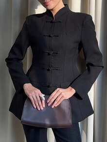 Women's Elegant New Chinese Style Stand Collar Frog Button Waist-Cinching Jacket (With Shoulder Pads) Solid Color Versatile Commute Office Daily Date - Black - View 1