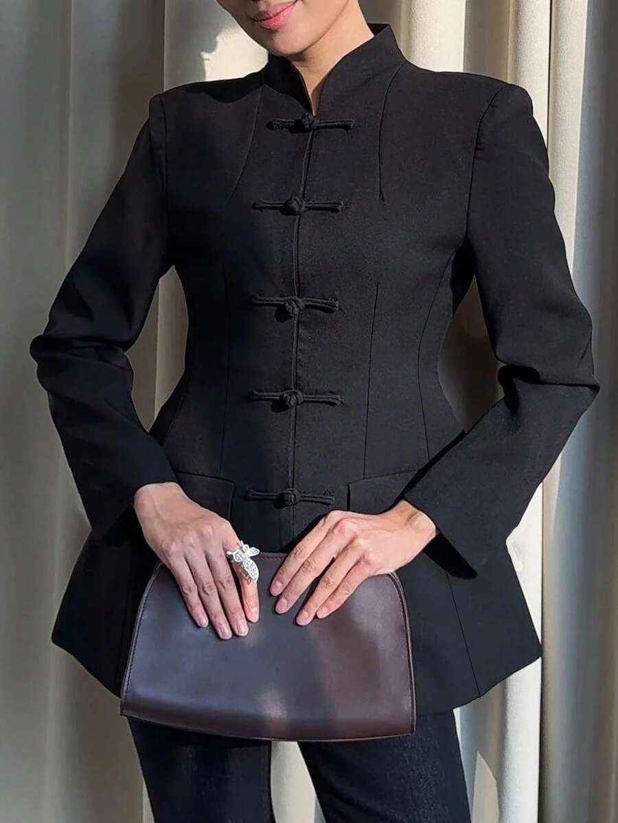 Women's Elegant New Chinese Style Stand Collar Frog Button Waist-Cinching Jacket (With Shoulder Pads) Solid Color Versatile Commute Office Daily Date - Black - View 1