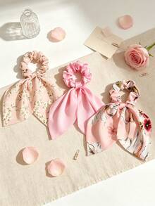 3 piezas/Set Pañuelos triangulares de satén de unicolor con diseño artístico, accesorios para el cabello - Rosa Pálido - Ver 6