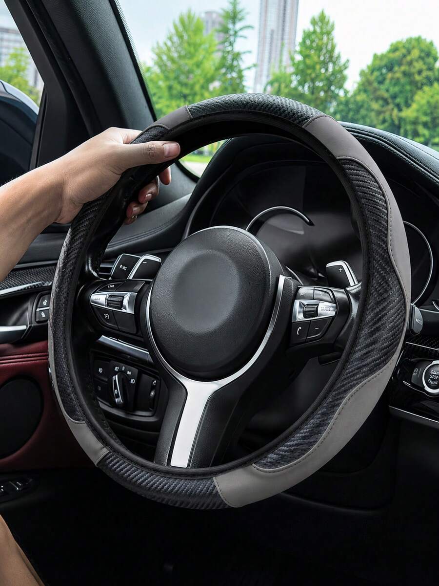 1pc Grey Carbon Fiber Leather Comfortable Car Steering Wheel Cover Without Inner Ring, Car Decor Suitable For 14.5-15 Inch Steering Wheel, Car Interior Accessory, Unisex, All Season - A - View 1
