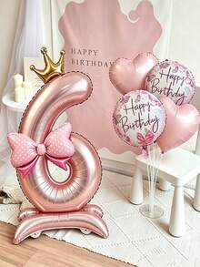 立式數位領結與生日圓形氣球套組，適用於生日派對、聚會裝飾、週年慶祝、節日慶典、背景牆、戶外派對場景佈置 - 粉紅色站立數字搭配愛心圓球蝴蝶結氣球 - 查看 3