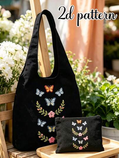 Butterfly & Floral 2D Print Canvas Shoulder Bag With Small Makeup Bag, Coin Purse, Storage Bag, Travel Toiletry Bag, Bridesmaid Makeup Bag, Lightweight Shopping Bag, Teacher's Day Multi-Functional Storage Bag, Suitable For Travel, Dating, Shopping, Commuting, Back To School, Dorm, Party, Best Gift For Valentine's Day, Mother's Day, Teacher's Day, Christmas, Halloween, Graduation Season, Back To School Season, Gift For Sisters