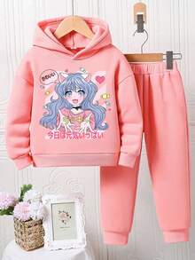 2pcs/Set Toddler Cartoon Print Warm Hoodie And Sweatpants Set - Pink - View 2