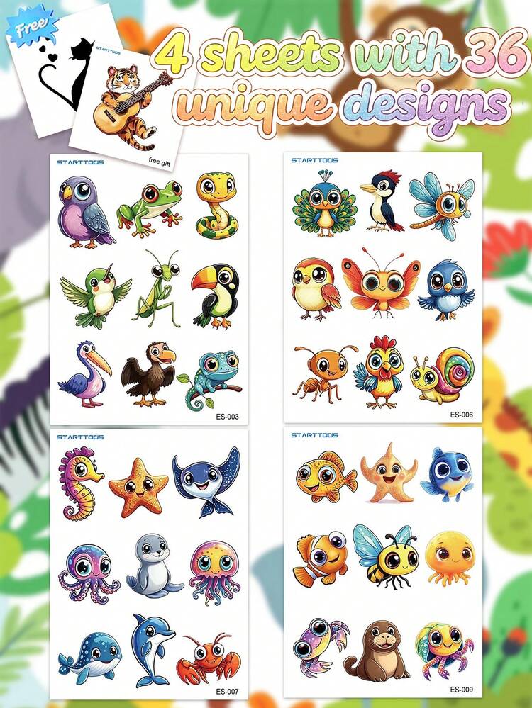 STARTTOOS 4 Sheets 36pcs Cartoon Cute Jungle Ocean Insect Small Animal Combination Pattern Temporary Tattoo Stickers, Suitable For Children DIY Birthday Party Christmas Gift Holiday Activity Waterproof Realistic Tattoo Stickers - Multicolor - View 3