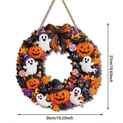 1pc Halloween Front Door Wreath, Cute Ghost Pumpkin Bat Haunted House Autumn Door Wreath, With Orange Purple Bows Maple Leaves Candy Decor, Spooky Halloween Home Wall Hanging Decoration, Suitable For Porch Indoor Outdoor Party Decor