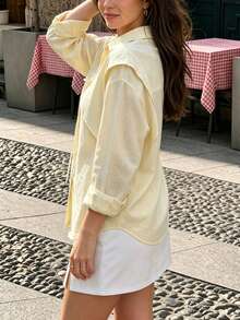 Women's Yellow Long Sleeve Drop Shoulder Shirt, Pointed Collar Design, Front Layer With Tie-Knot Bow, Single-Breasted, Suitable For Casual Wear Or Vacation - Yellow - View 2