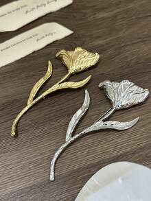 1PC European & American Vintage Luxury Exaggerated Metallic Leaf & Flower Brooch, For Women's Daily, Party, Date Wear - Silver - View 4